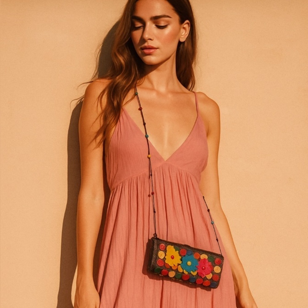 Coconut Shell Disc Beaded Sling Multi Color Coco Brown Crossbody Mini Boho Bag